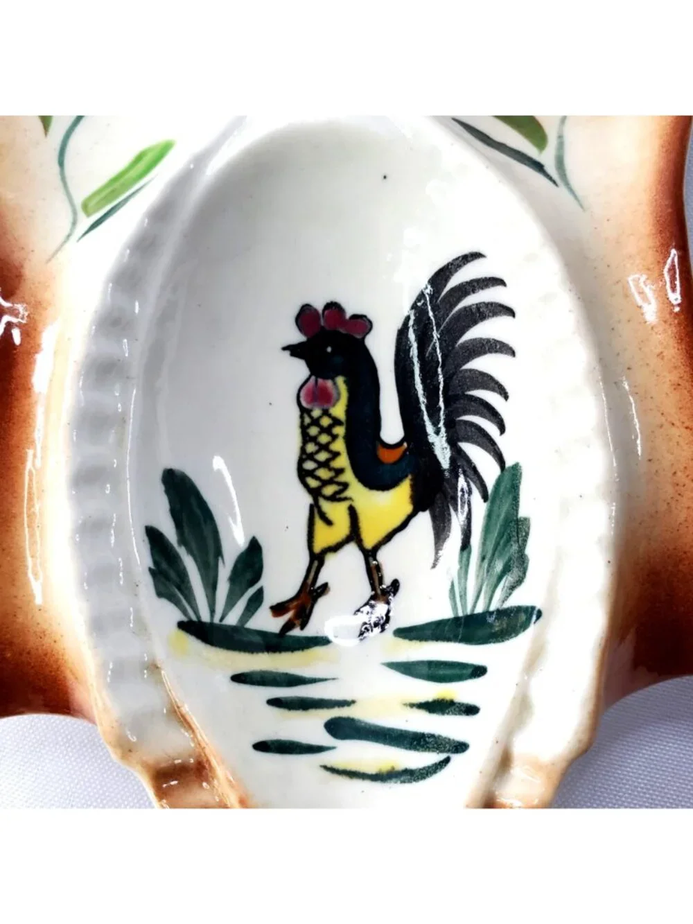 Vintage Hand Painted Ceramic Rooster Chicken Triple Spoon Rest Kitchen Cooking